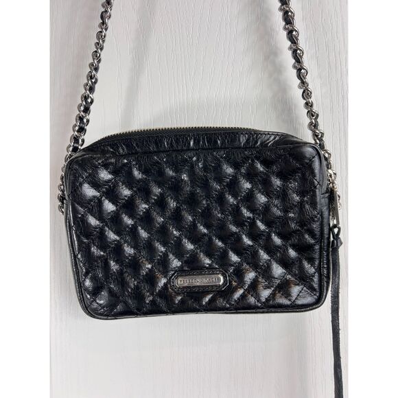 Rebecca Minkoff Black Leather Quilted Chain Link Strap Shoulder Purse Handbag - Picture 1 of 12